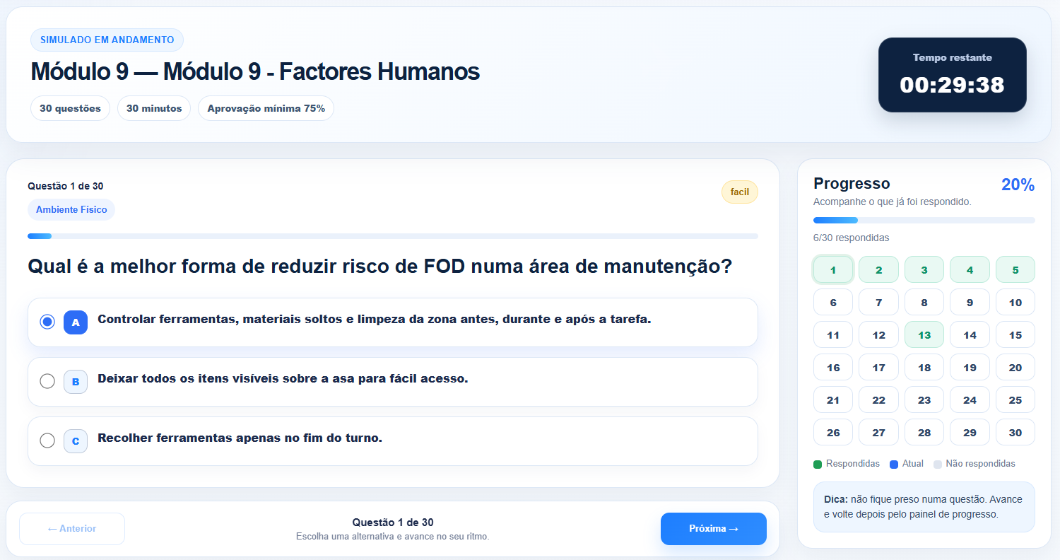 Exemplo de simulado em andamento no AeroPass PRO, com temporizador, pergunta, alternativas e painel de progresso.